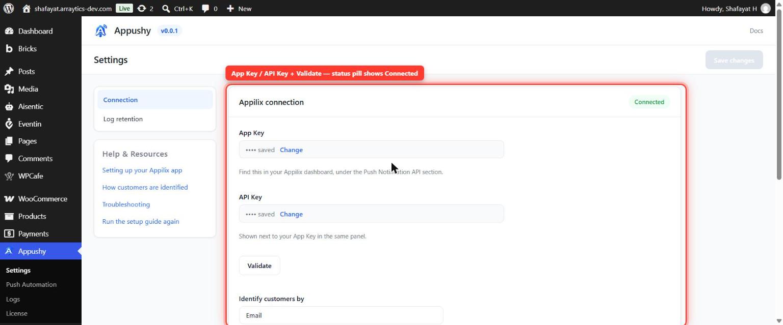 Settings screen showing the App Key, API Key, Validate button, and a Connected status pill