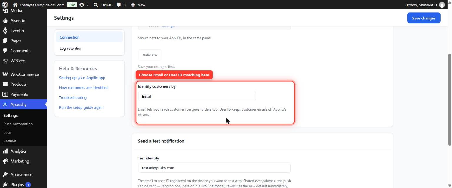 Settings screen showing the Identify customers by field set to Email