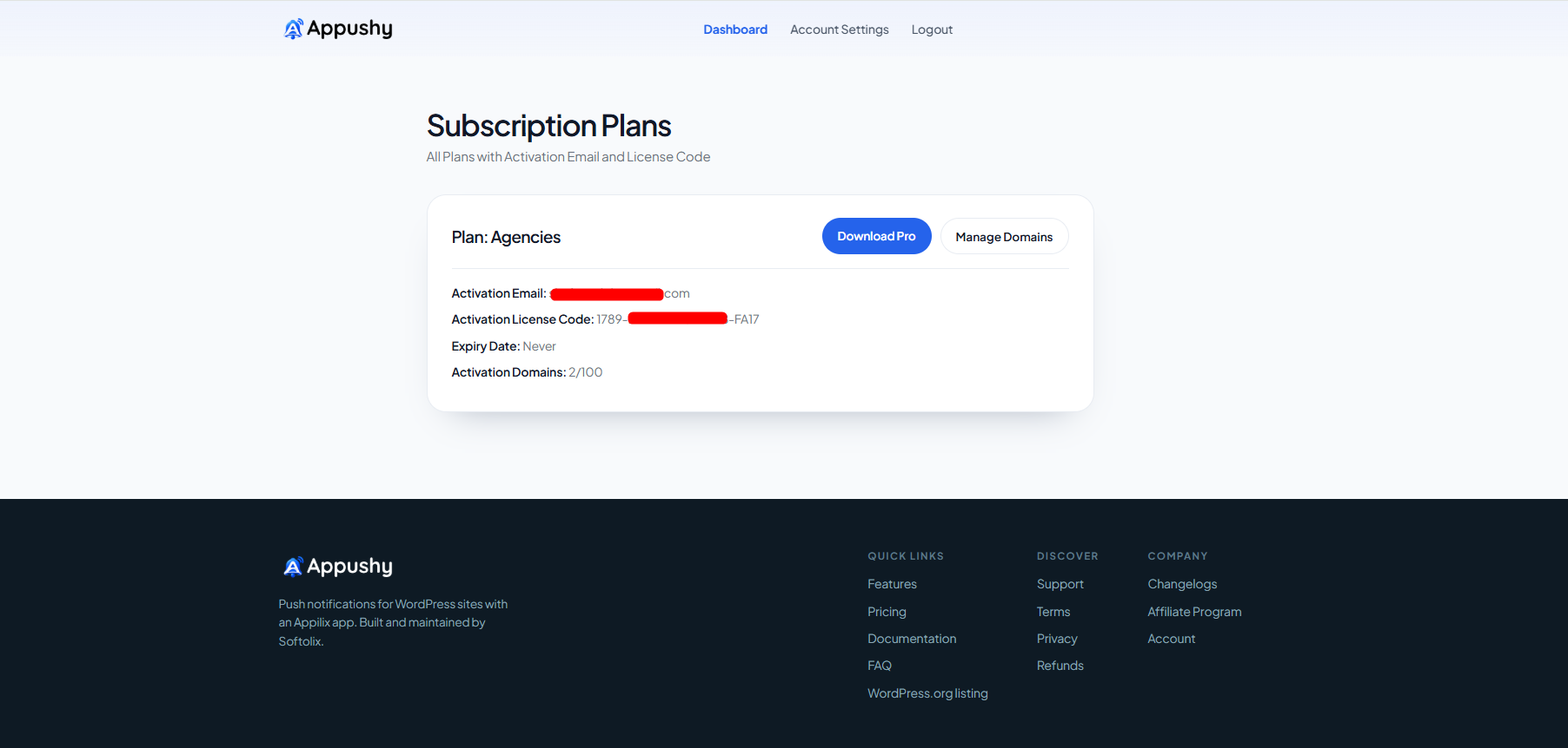 Appushy Pro's License screen with the Purchase email and License code fields and the Activate button