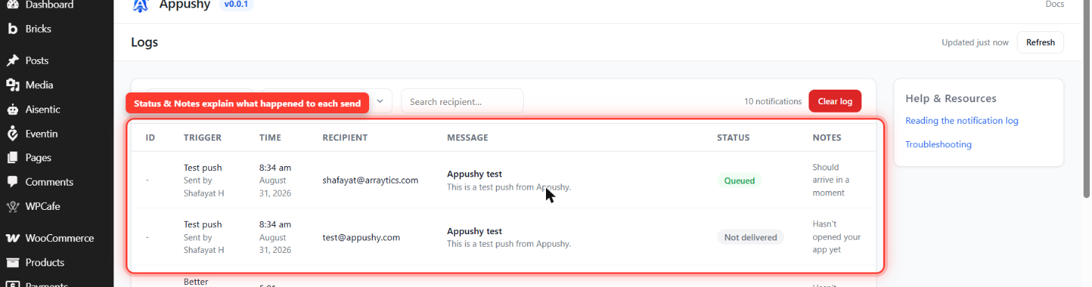 Logs screen showing a Queued notification and a Not delivered notification with their status notes