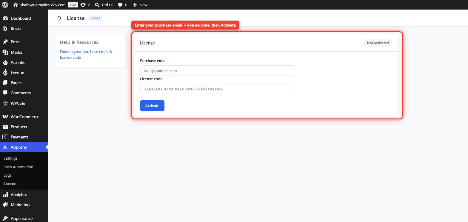 Appushy Pro's License screen with the Purchase email and License code fields and the Activate button