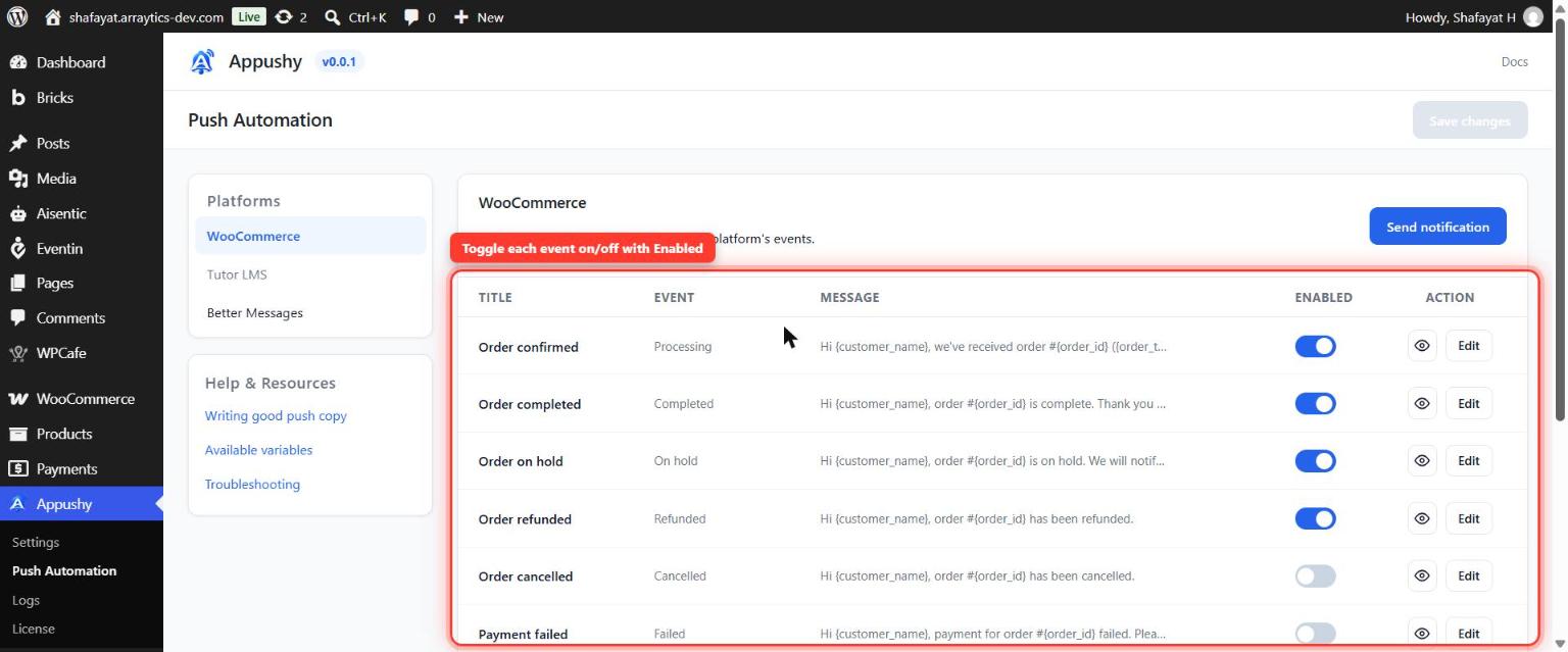Push Automation screen showing WooCommerce notification events with their Enabled toggles